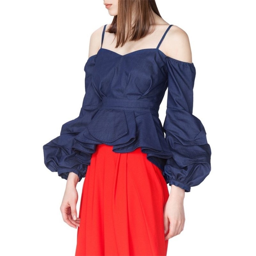 Off Shoulder Ruffle Denim Crop Top